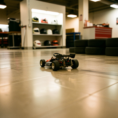 Course de mini-kart indoor, vue dynamique sur une piste intérieure avec éclairage chaud, décor de pit avec casques et pneus de rechange.