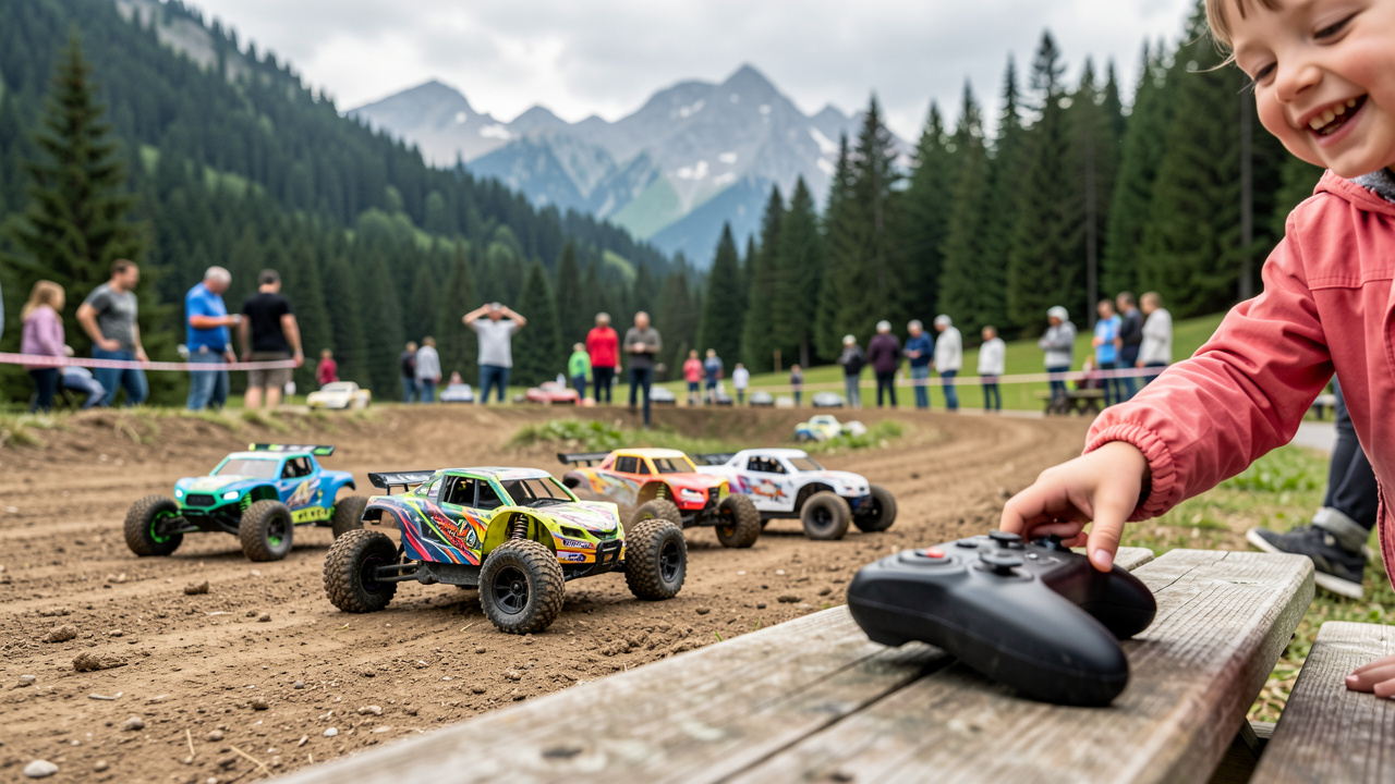 Animation découverte de voitures RC sur une piste en terre, avec de petites voitures tout-terrain et une télécommande posée près d’une table de pique-nique, devant des paysages alpins en Savoie ou Haute-Savoie.