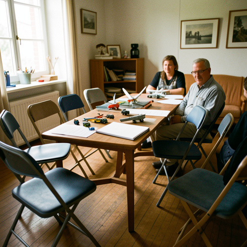Réunion d’assemblée générale d’un club de modélisme dans la maison des associations, avec des maquettes et des outils de modélisme disposés sur une table, éclairage naturel et ambiance conviviale.