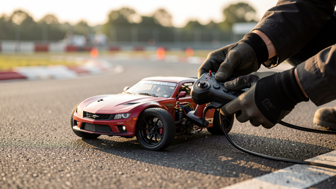 Photo réaliste d’une voiture RC sur une piste avec une télécommande, des mains gantées ajustant une roue, ambiance locale de course et barrières de sécurité floues en arrière-plan.