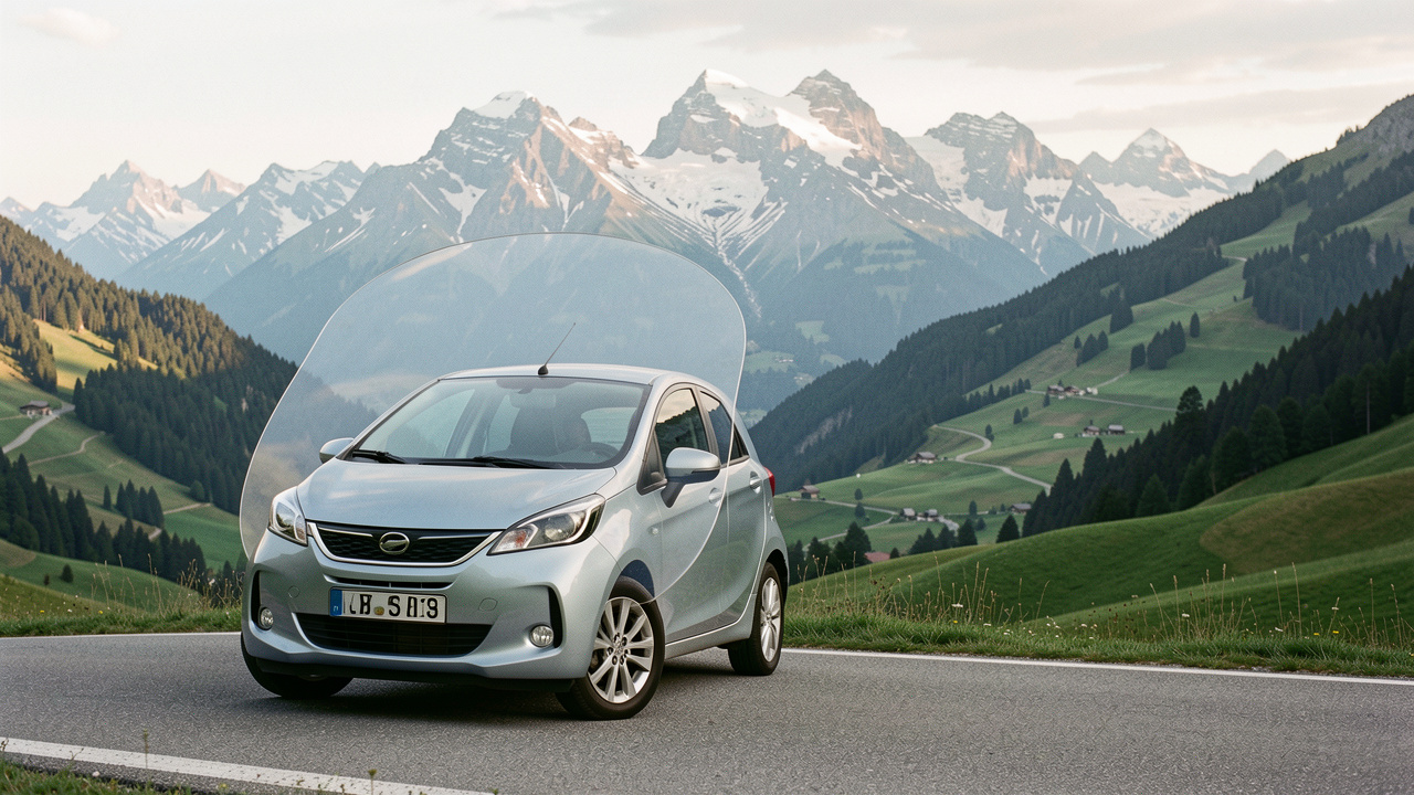 Voiture moderne stationnée au bord d’une route alpine, avec les paysages des Alpes de Savoie et de Haute-Savoie en arrière-plan et un symbole de protection évoquant l’assurance responsabilité civile.