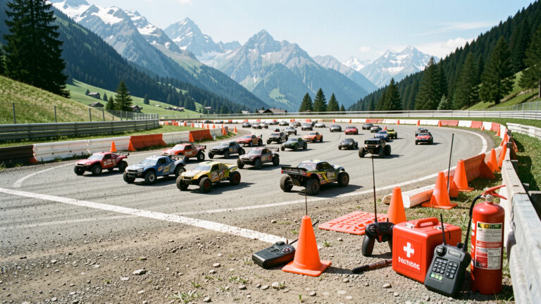 Circuit de voitures radiocommandées aménagé avec barrières de sécurité, cônes orange, trousse de premiers secours et extincteur dans un paysage alpin de Savoie et Haute-Savoie.