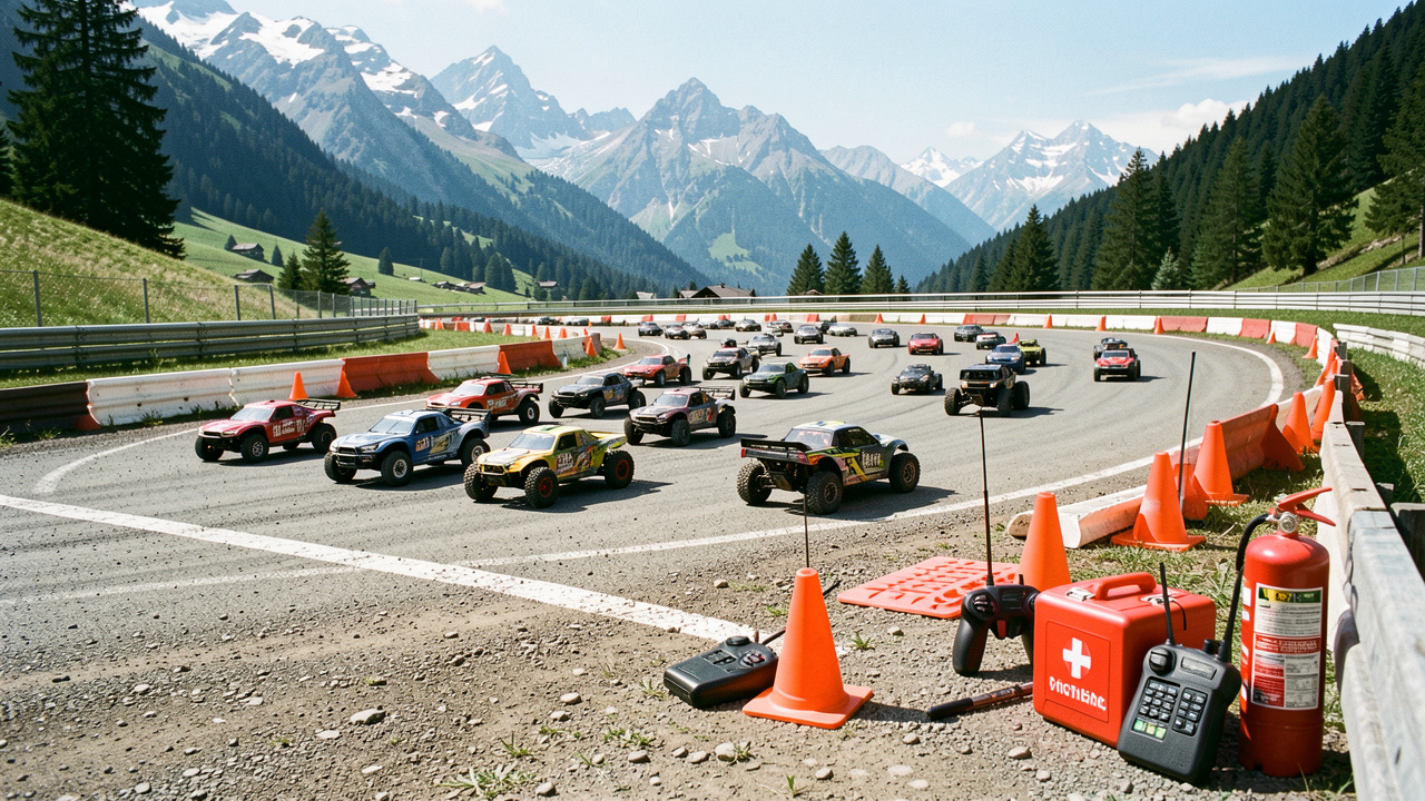 Circuit de voitures radiocommandées aménagé avec barrières de sécurité, cônes orange, trousse de premiers secours et extincteur dans un paysage alpin de Savoie et Haute-Savoie.