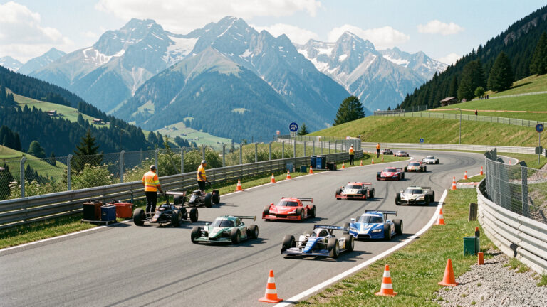 Voitures radiocommandées participant à une course encadrée sur un circuit extérieur, avec barrières de sécurité, cônes et montagnes alpines en arrière-plan.