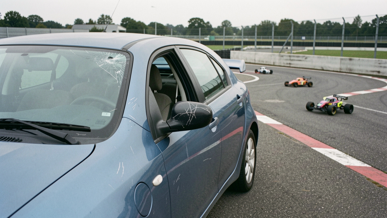 Voiture garée près d’un circuit de voitures télécommandées, présentant de légers dégâts de vandalisme comme des rayures et un rétroviseur fissuré.