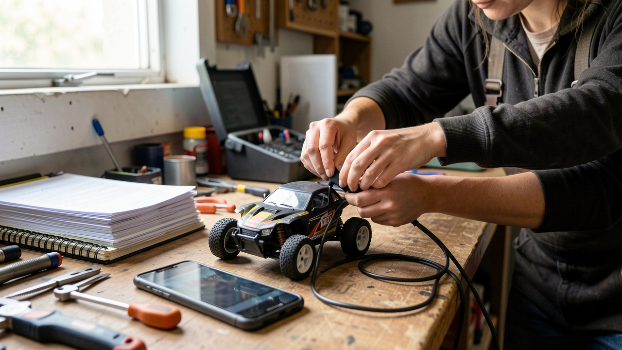 Scène réaliste dans un atelier : une femme ajuste un câble de charge pour une voiture radiocommandée, avec du matériel de modélisme et des documents de suivi pour protéger son budget.