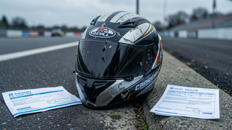 Casque moto endommagé près du bord de route, avec une enveloppe de déclaration et un document d’assurance générique évoquant la responsabilité civile après un incident lors d’une compétition locale.