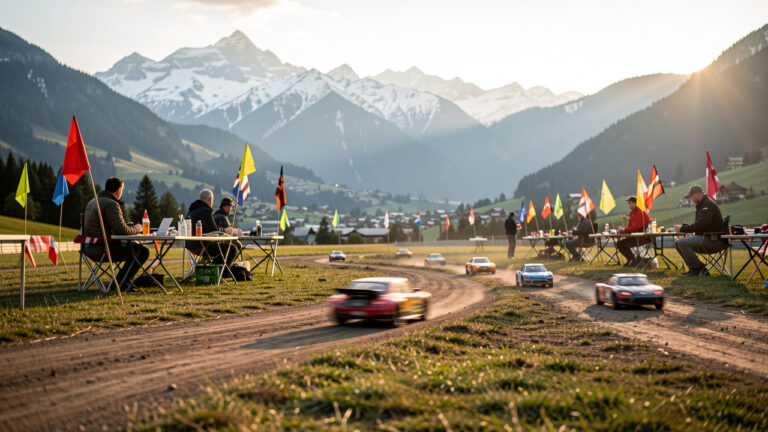 Piste de course télécommandée dans les Alpes, avec des voitures RC en mouvement, des bénévoles installant le matériel et des tables de réception, en lumière dorée avec montagnes enneigées au fond.
