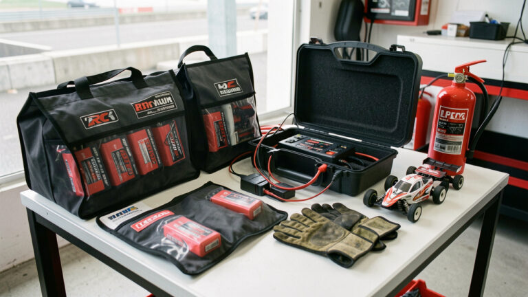 Espace de paddock RC organisé avec batteries LiPo, sacs de charge ignifugés, chargeur d’équilibrage, boîte de stockage sécurisée et extincteur près de petites voitures radiocommandées.