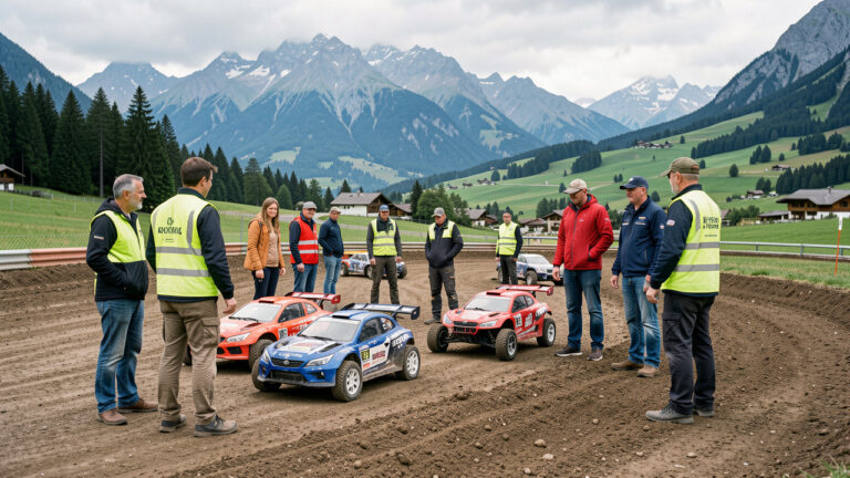 Des bénévoles coordonnent une course de voitures radiocommandées sur un circuit en pleine nature, avec les montagnes de Savoie et de Haute-Savoie en arrière-plan.