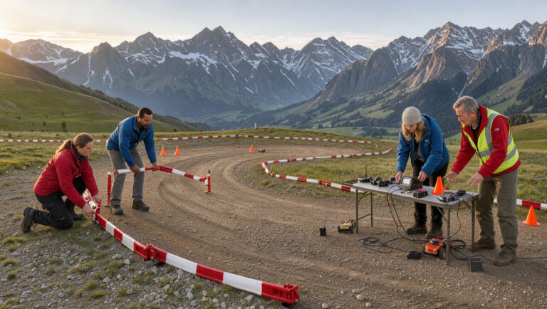 Quatre bénévoles, deux femmes et deux hommes, organisent une course de voitures radiocommandées sur un circuit en terre dans un paysage alpin de Savoie et Haute-Savoie.
