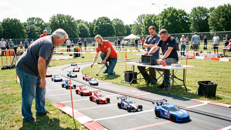 Deux hommes et une femme bénévoles organisent une course locale de voitures radiocommandées autour d’une piste miniature, avec des barrières de sécurité et du matériel de chronométrage.