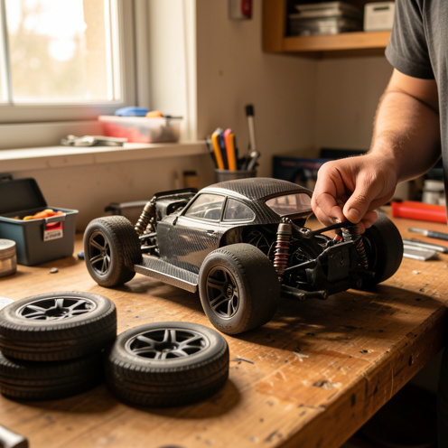 Maquette de voiture RC sur établi de modélisme automobile, accessoires et pneus de rechange, lumière naturelle chaude dans un atelier.