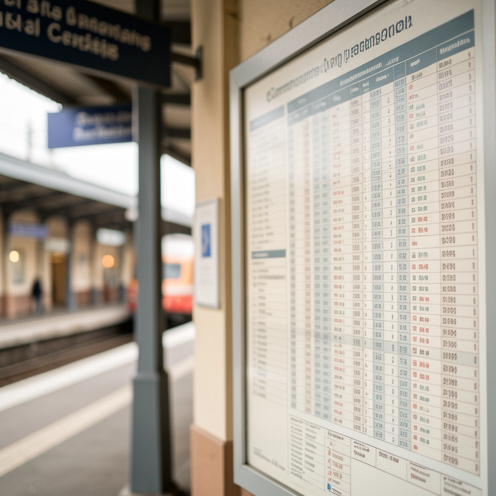 Vue photographique réaliste d’un panneau de correspondances dans une gare française, lumière matinale naturelle, couleurs sobres et disposition lisible du calendrier sans texte.