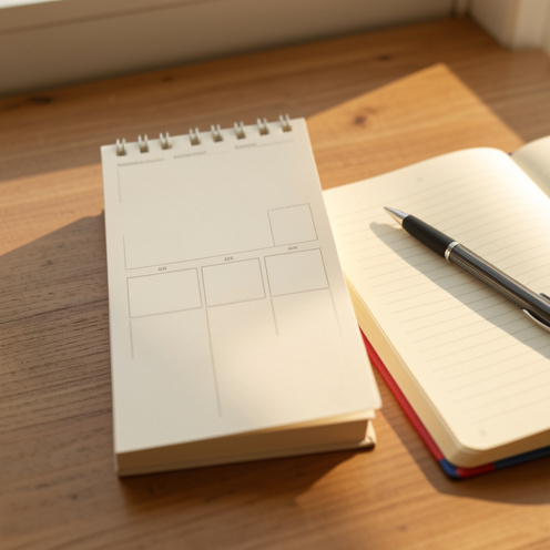 Vue rapprochée d’un calendrier minimaliste, avec un carnet ouvert et un stylo sur un bureau en bois, éclairage naturel doré et ambiance documentaire.