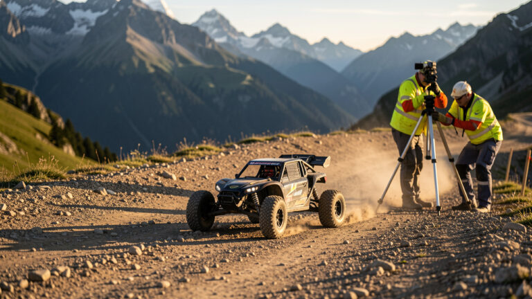 Scène réaliste de course de voitures radiocommandées sur une piste de montagne alpine en Savoie, avec des bénévoles ajustant un trépied de chronométrage, éclairage doré de fin d’après-midi et paysage montagneux en arrière-plan.