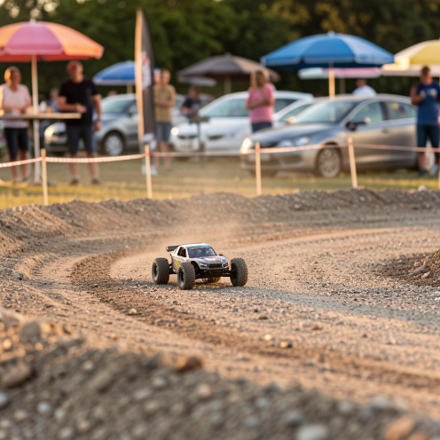 Circuit extérieur de course miniature 1/10 électrique à Rumilly, une petite voiture télécommandée passe dans un virage sur la piste en gravier, sous la lumière dorée de fin d’après-midi.