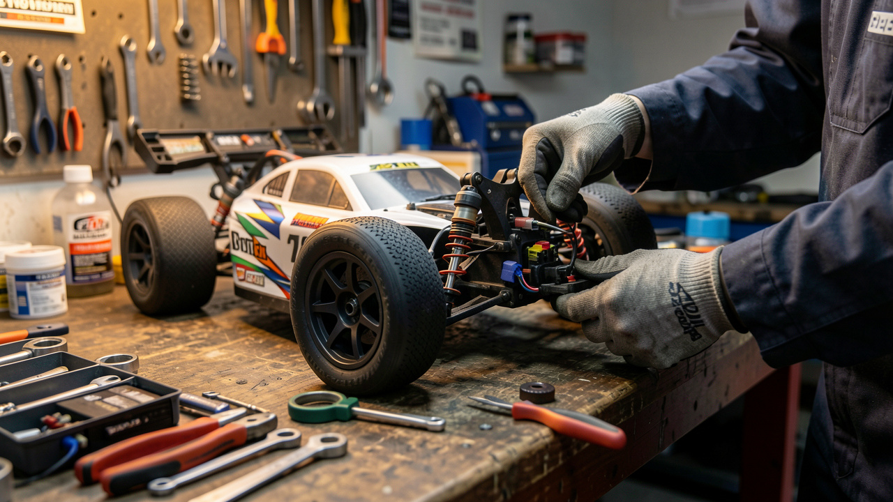 Voiture radiocommandée de course inspectée avant le départ, avec vérification des pneus, de la suspension, de la batterie et de la direction sur un établi.