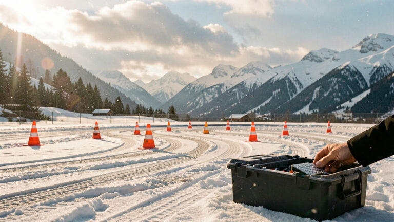 Installation réaliste d’une piste pour voiture télécommandée en montagne, avec matériel de préparation et neige légère, sous un ciel alpin dramatique.