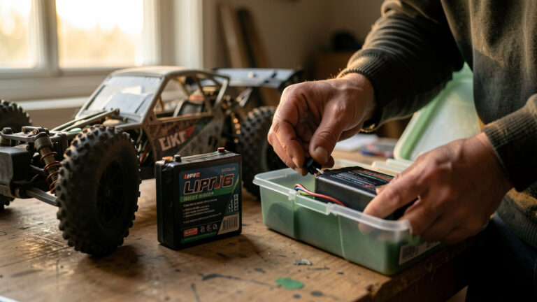 Gros plan d’un pack de batterie LiPo et d’une voiture RC sur établi, avec un homme vérifiant les connexions et rangeant la batterie dans un boîtier de stockage sécurisé, à la lumière naturelle, contexte montagne