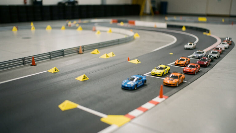 Plan rapproché d’une piste de course RC avec barrières de sécurité, virages fluides et marquages équitables, éclairage doux et rendu photo documentaire réaliste.