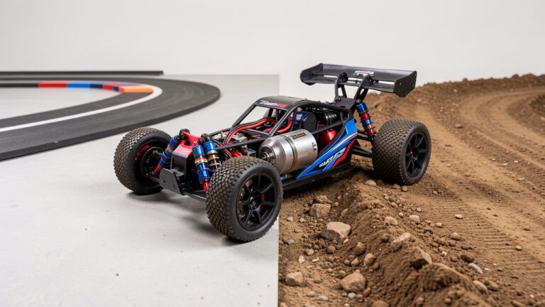Voiture RC électrique équipée d’un moteur brushless, entourée de composants et placée entre un circuit lisse et une piste tout-terrain.