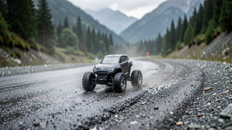 Voiture RC électrique jouant sur différents revêtements de piste en montagne sous une lumière naturelle, pour illustrer le choix des pneus selon le sol.