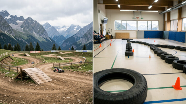 Piste de course de voiture RC avec obstacles en extérieur dans les Alpes et un parcours d’entraînement en intérieur sur sol de gymnase, éclairage naturel et détails réalistes