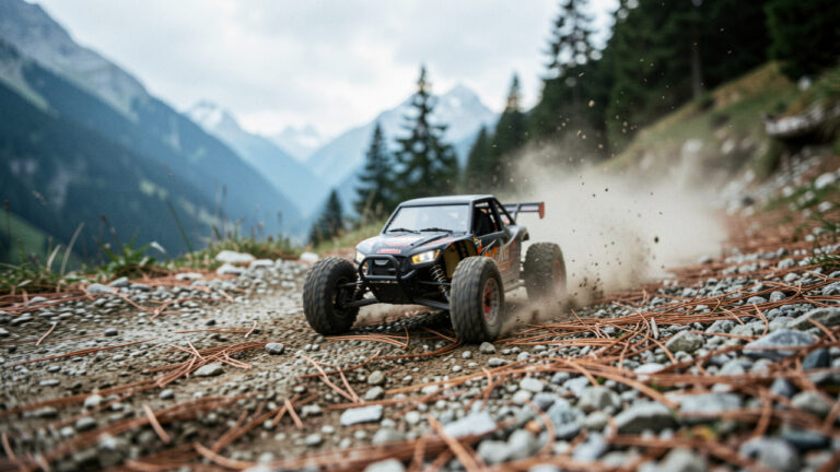 Voiture RC de course à l’échelle 1/10 sur un sentier de gravier dans les Alpes, avec poussière et mouvement, lumière naturelle et ambiance alpine.