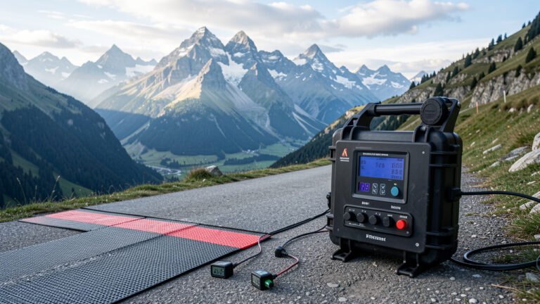 Système de chronométrage électronique installé près de l’arrivée d’une course en montagne, dans un paysage alpin de Savoie et de Haute-Savoie.