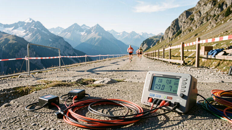Système électronique compact de chronométrage installé près de l’arrivée d’une course en montagne, dans un paysage alpin de Savoie.