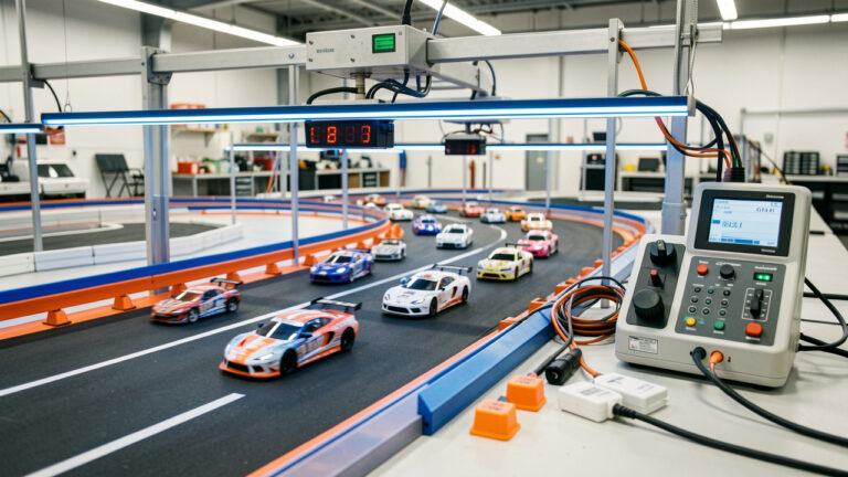 Voitures miniatures radiocommandées franchissant un circuit équipé d’un système électronique de chronométrage, avec capteurs et câbles soigneusement disposés.
