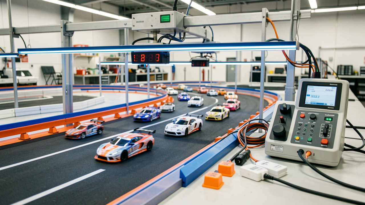 Voitures miniatures radiocommandées franchissant un circuit équipé d’un système électronique de chronométrage, avec capteurs et câbles soigneusement disposés.