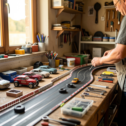 Atelier de club de modélisme automobile à Rumilly avec une piste miniature, des voitures radiocommandées et des outils de précision, éclairage naturel et ambiance conviviale.