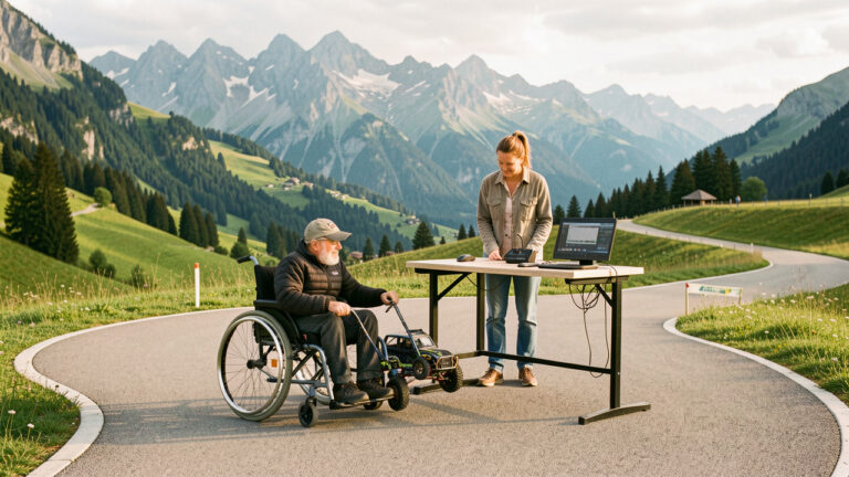 Un homme en fauteuil roulant et une femme participent ensemble à une activité de voiture radiocommandée sur un parcours extérieur accessible, entourés par les montagnes de Savoie et de Haute-Savoie.