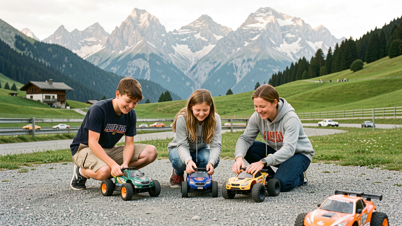 Une monitrice accompagne trois adolescents lors d’une initiation aux voitures radiocommandées sur une piste extérieure entourée par les montagnes de Savoie et de Haute-Savoie.