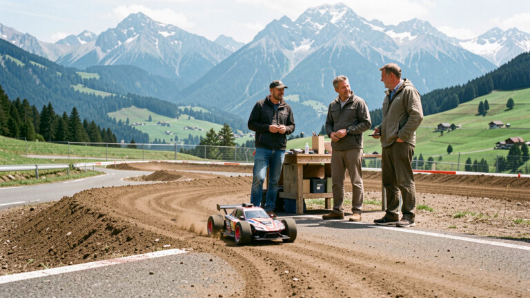 Voiture radiocommandée sur une piste tout-terrain alpine, avec deux hommes échangeant près d’un établi et les montagnes de Savoie en arrière-plan.