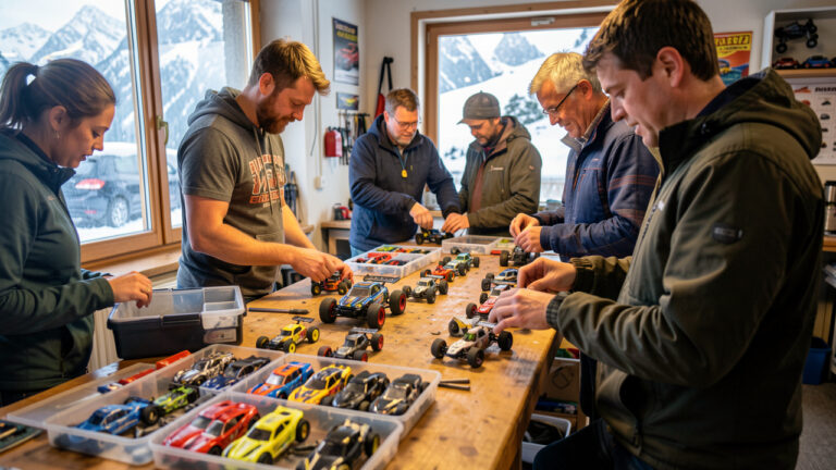 Atelier intérieur en ambiance alpine où des bénévoles rassemblent et préparent des voitures RC sur une table, avec une lumière chaude et des reflets de lumière froide venant des fenêtres.