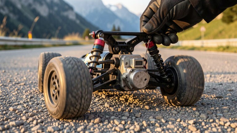 Réglage minutieux du différentiel d’une voiture RC électrique sur une piste de gravier, avec une main gantée ajustant la mécanique pour améliorer la motricité, ambiance alpine en lumière douce.