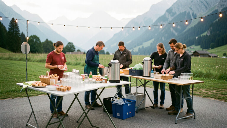Mise en place d’une buvette et d’un stand convivial en plein air, près d’un terrain de compétition de voitures télécommandées dans les Alpes, avec tables pliantes, tasses en verre et guirlandes lumineuses au crépuscule.