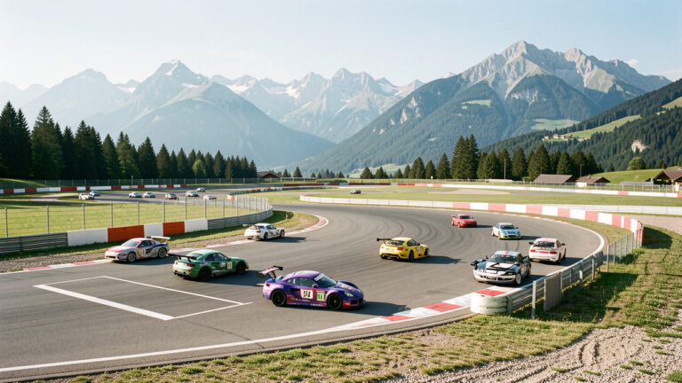 Voitures radiocommandées de compétition sur un circuit miniature, avec les montagnes de Savoie et de Haute-Savoie en arrière-plan.