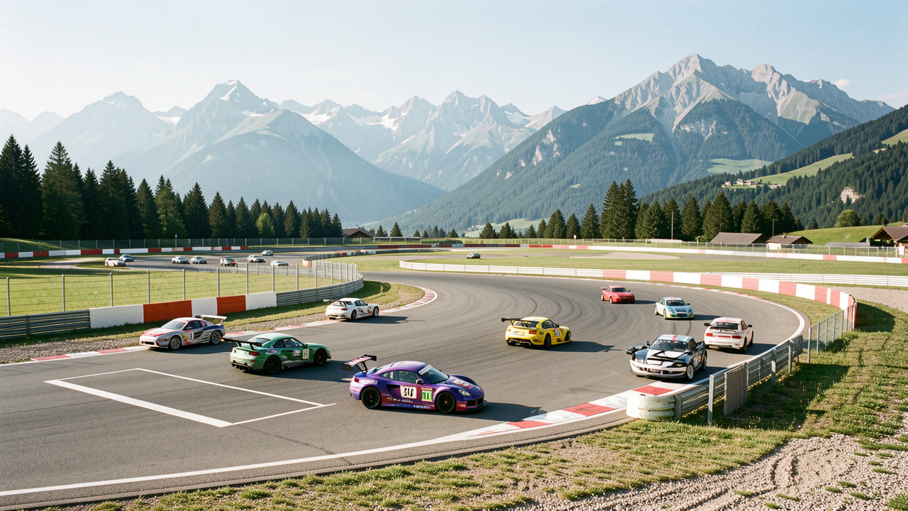 Voitures radiocommandées de compétition sur un circuit miniature, avec les montagnes de Savoie et de Haute-Savoie en arrière-plan.