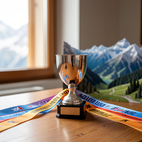 Petit trophée brillant posé sur une table en bois, avec des rubans inspirés des Alpes, lumière naturelle douce et arrière-plan évoquant les montagnes de Savoie à Rumilly.