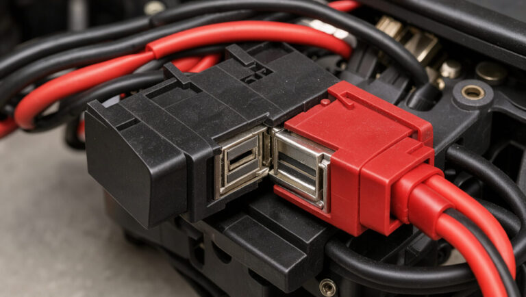 Gros plan réaliste sur des connecteurs de batterie correctement fixés dans le système électrique d’une voiture radiocommandée, avec câbles isolés et contacts métalliques propres.