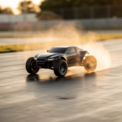 Petite voiture RC de drift en action sur une piste d’asphalte, glissade contrôlée et trace de fumée de pneus sous une lumière dorée.