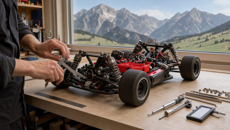 Voiture de course radiocommandée inspectée avec des outils de précision dans un atelier, avec les montagnes de Savoie et de Haute-Savoie en arrière-plan.