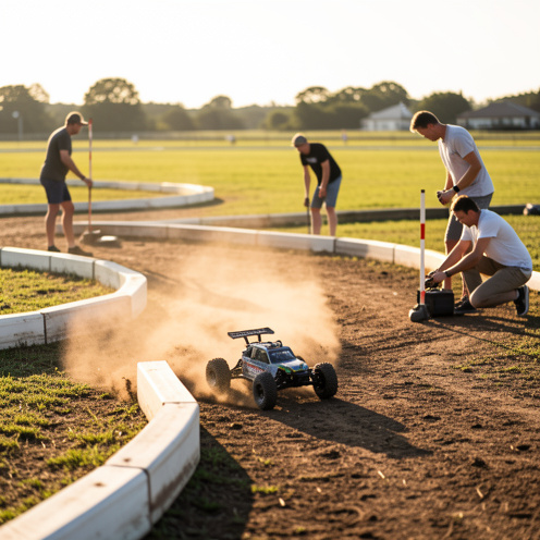 Piste de course RC en extérieur au soleil, une petite voiture télécommandée fonçant sur un virage, des bénévoles ajustant un dispositif de chronométrage, ambiance conviviale de fin de saison.