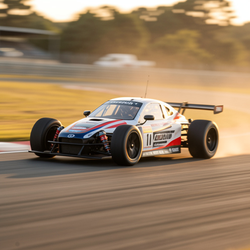 Voiture de course radiocommandée électrique de format 1/10 en pleine trajectoire sur une piste extérieure, vue en contre-plongée avec flou de mouvement, couleurs naturelles et lumière dorée.