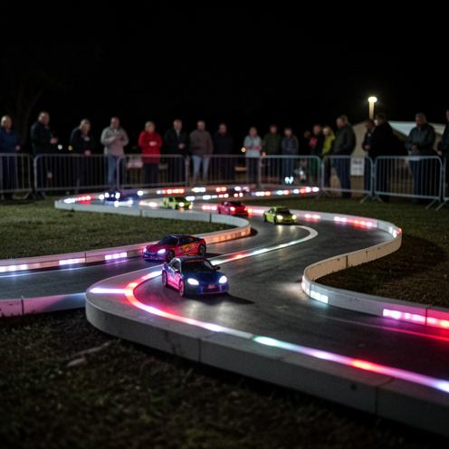 Scène photographique réaliste d’une course de mini véhicules électriques de table TT 1/10 en ambiance nocturne, sur une piste courbe éclairée, avec public flou en arrière-plan.