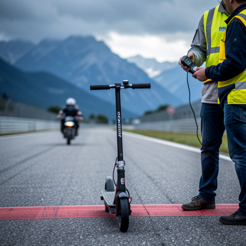 Au bord d’une piste, un scooter de course électrique s’élance près d’une ligne de départ, avec un commissaire bénévole tenant un dispositif de chronométrage, ambiance d’événement près des montagnes, lumière naturelle et couleurs réalistes.